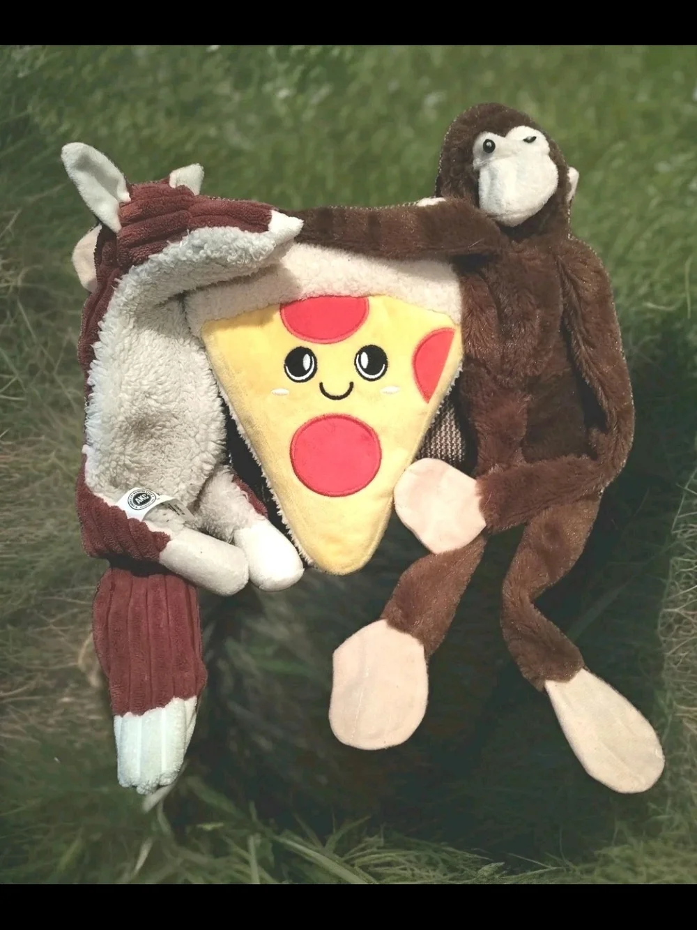 Set Of Three Dog Toys - Fox, Pizza And Monkey